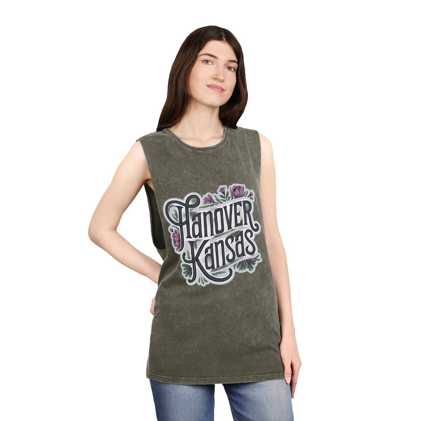 Hanover Kansas Unisex Stonewash Tank Top - Vintage Floral Design